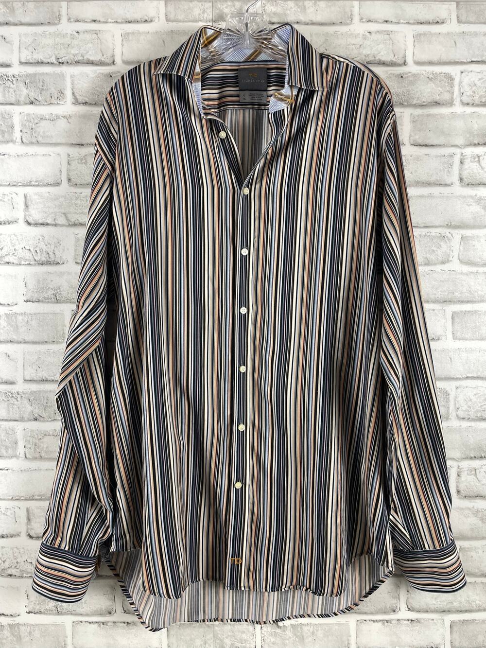 Thomas Dean Mens Big Tall LT Multi Stripe Long Sleeve Button Shirt